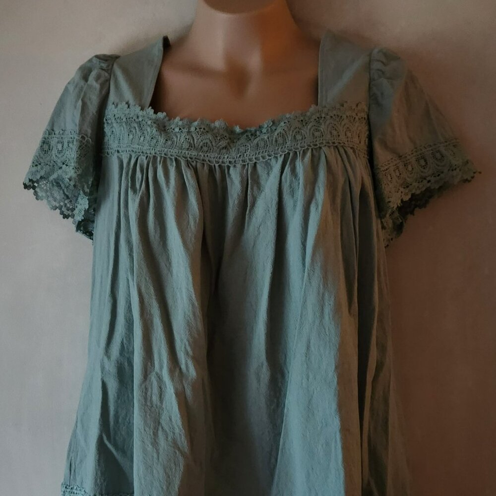 SHEIN Sage Green Lace-Trim Babydoll Blouse
